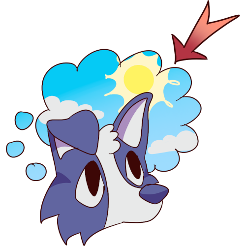  thought bubble coming out of the head of a blue dog. the thought bubble has a blue sky and sun in it, and a red arrow points to the thought bubble.